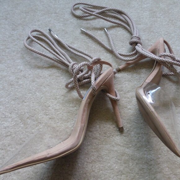 STEVE MADDEN clear vinyl & nude faux suede pointy toe heels with long ties - Picture 9 of 10